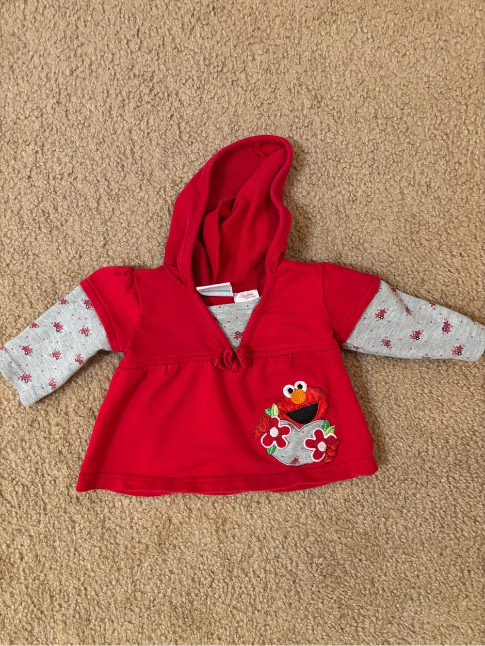 Sesame Street Red Hooded Elmo Top with Gray Sleeves